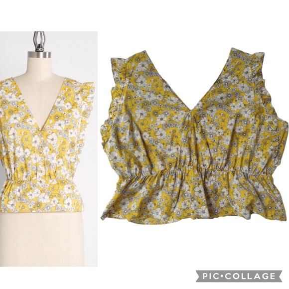 Modcloth Tops - Modcloth Yellow & White Sleeveless Cropped Wildflower Wagoner Cotton Peplum Top